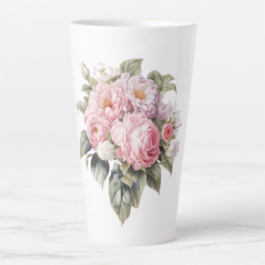 パステルローズと芍薬の水彩フラワー カフェラテマグ (正面)