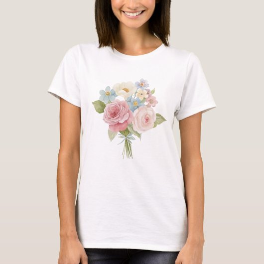 パステルローズと野の花の水彩ブーケ Tシャツ (正面)