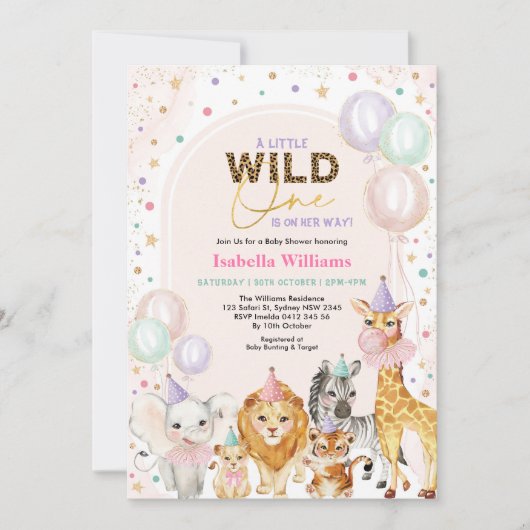 パステルワイルドパーティー動物バルーンガールベビーシャワー 招待状 (正面)