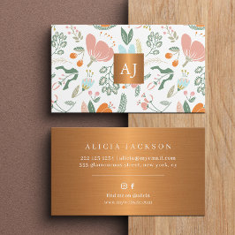 パステルワイルドフラワーと金属の銅モノグラム 名刺