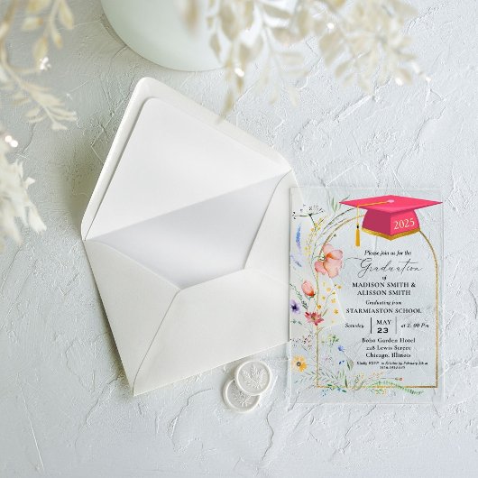 パステルワイルドフラワーガーデンツイン卒業パーティー アクリル招待状