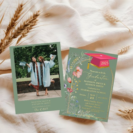 パステルワイルドフラワーガーデンツイン卒業パーティー 箔招待状