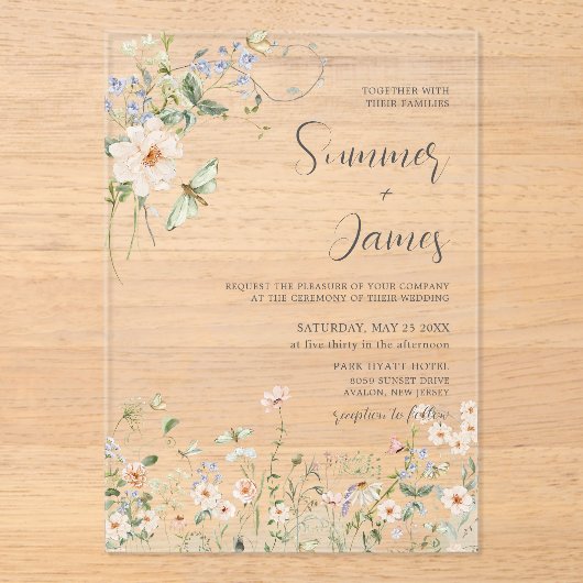 パステルワイルドフラワーガーデンデリケート結婚フローラ アクリル招待状 (正面)