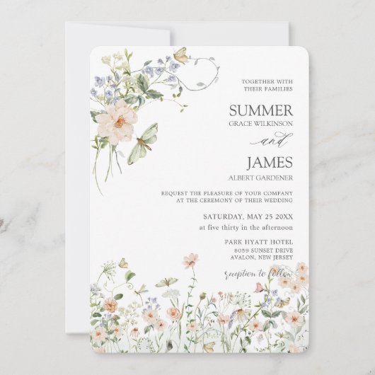 パステルワイルドフラワーガーデンデリケート結婚フローラ 招待状 (正面)