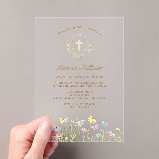 パステルワイルドフラワーズリースバプテスマ アクリル招待状 (インサイチュ (ポータブル))