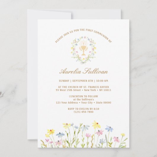 パステルワイルドフラワーズリースファーストコミュニオン 招待状 (正面)