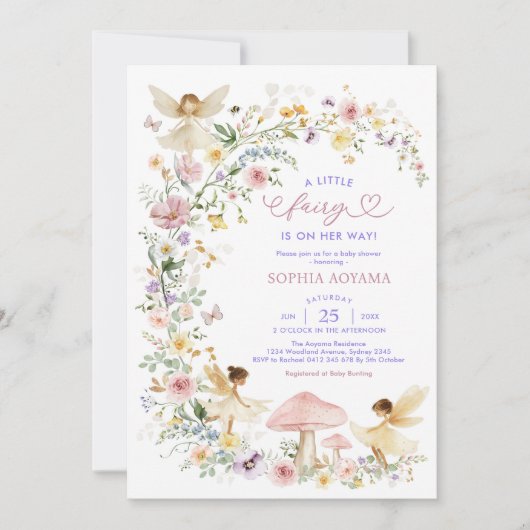 パステルワイルドフラワーフェアリーガーデンガールベビーシャワー 招待状 (正面)