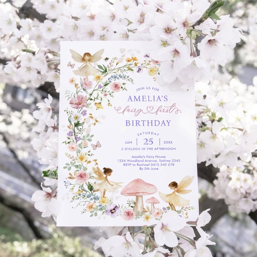 パステルワイルドフラワーフェアリー最初の誕生日パーティー 招待状