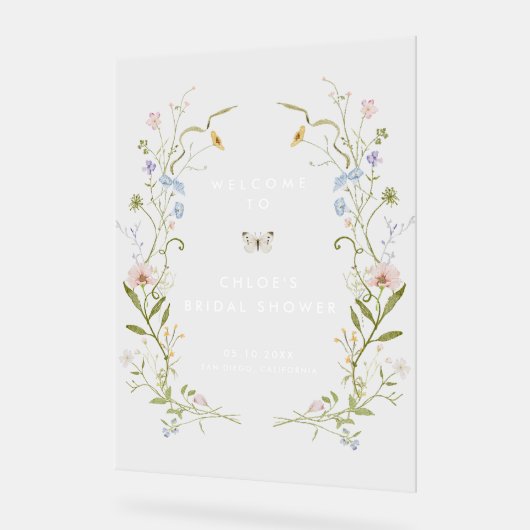 パステルワイルドフラワーフレーム気まぐれなブライダルシャワー アクリルサイン (傾斜)