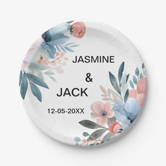 パステルワイルドフラワーフレーム結婚ズ ペーパープレート (正面)