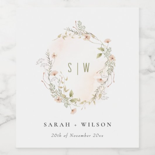 パステルワイルドフラワーフローラモノグラム結婚リース ワインラベル (シングルラベル)