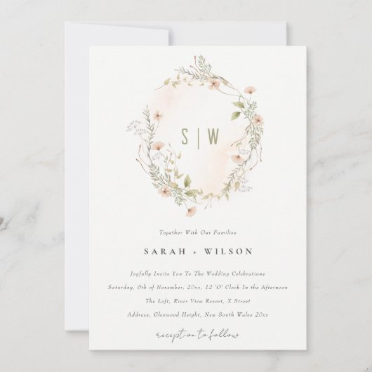 パステルワイルドフラワーフローラリースウェディング招待 サンキューカード (正面)