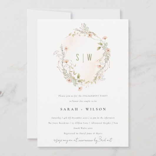 パステルワイルドフラワーフローラリース婚約招待状 サンキューカード (正面)