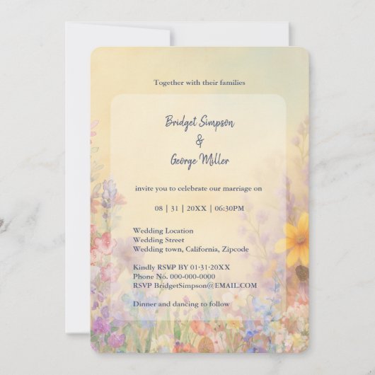パステルワイルドフラワーメドウバーン結婚ズ 招待状 (正面)