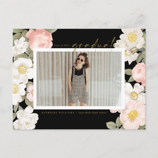 パステルヴィンテージフラワーブラックフォト卒業 ポストカード (正面)