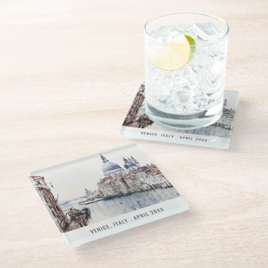 パステルヴェネツィアイタリアウォーターカラートラベイタリアンル ガラスコースター (アングル)