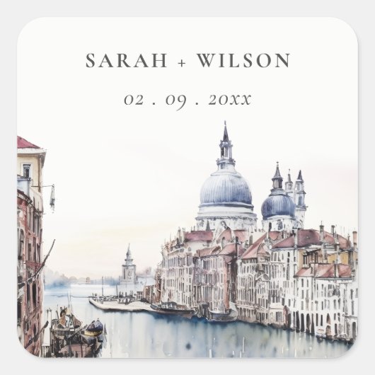パステルヴェネツィアイタリアカナルスウォーターカラー結婚ズ スクエアシール (正面)