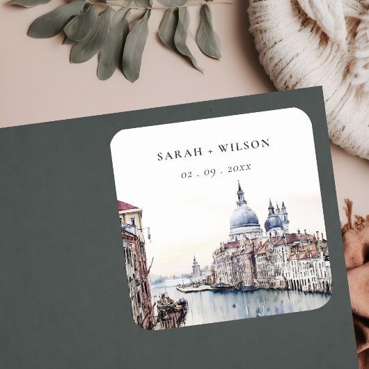 パステルヴェネツィアイタリアカナルスウォーターカラー結婚ズ スクエアシール