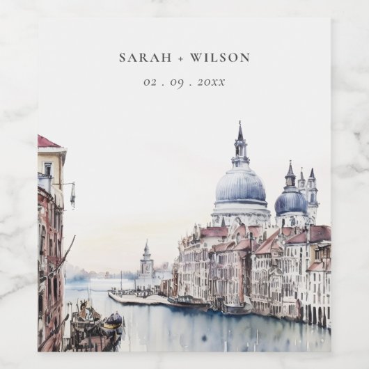 パステルヴェネツィアイタリアカナルスウォーターカラー結婚ズ ワインラベル (シングルラベル)