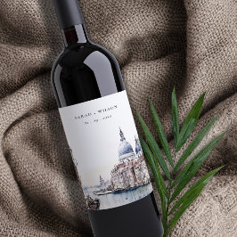 パステルヴェネツィアイタリアカナルスウォーターカラー結婚ズ ワインラベル