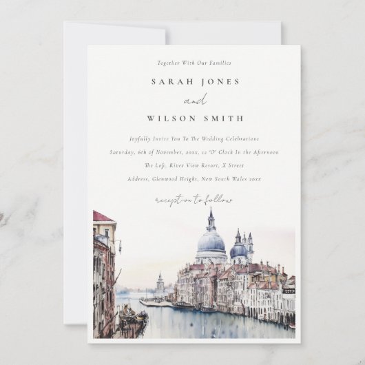 パステルヴェネツィアイタリアカナルスウォーターカラー結婚ズ 招待状 (正面)