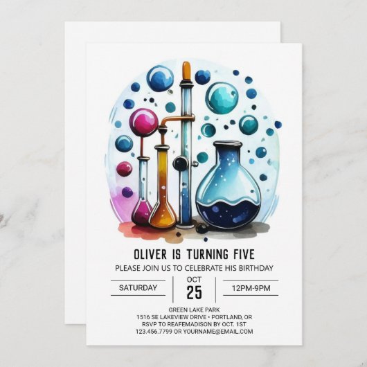 パステル不機嫌サイエンティスト化学誕生日 招待状 (正面/裏面)