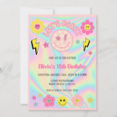 パステル名門私立校風のピンクY2Kハッピー顔パーティー誕生日 招待状 (正面)