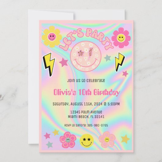 パステル名門私立校風のピンクY2Kハッピー顔パーティー誕生日 招待状 (正面)