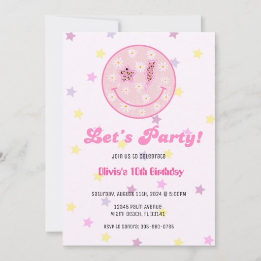 パステル名門私立校風のピンクY2Kハッピー顔パーティー誕生日 招待状 (正面)