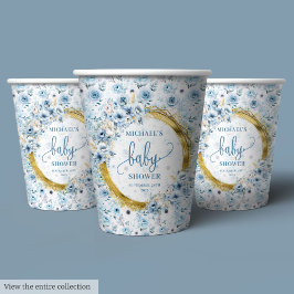 パステル大切ブルー水彩花金ゴールドベビー 紙コップ