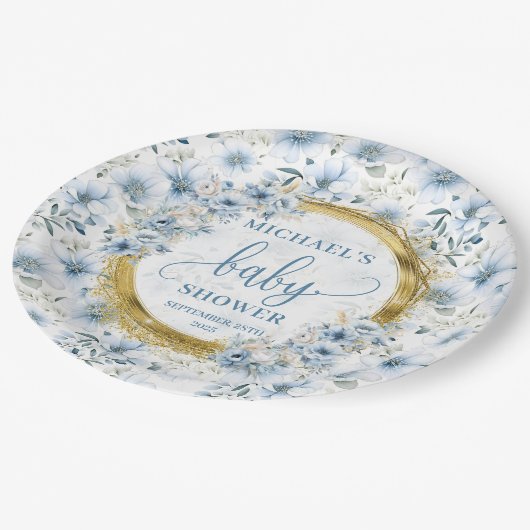 パステル大切ブルー水彩花金ゴールド少年 ペーパープレート (アングル)