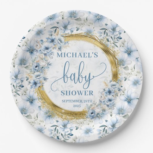 パステル大切ブルー水彩花金ゴールド少年 ペーパープレート (正面)