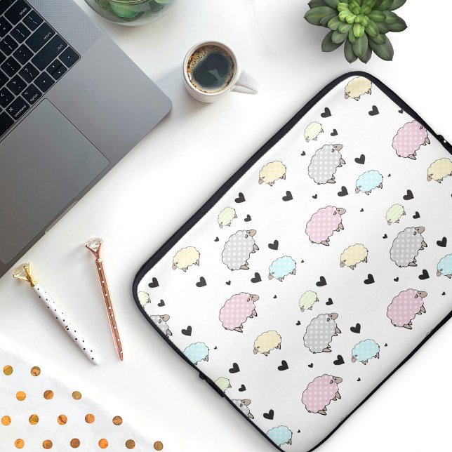 パステル大切羊&ハートパターン ラップトップスリーブ (Polkadot Sheep and Hearts Pattern Laptop Sleeve)
