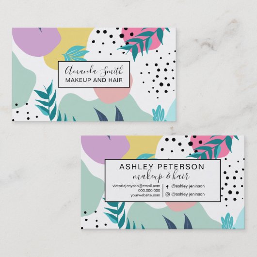 パステル幾何学的形状の熱帯葉パターン 名刺 (正面/裏面)