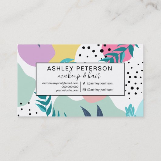 パステル幾何学的形状の熱帯葉パターン 名刺 (裏面)