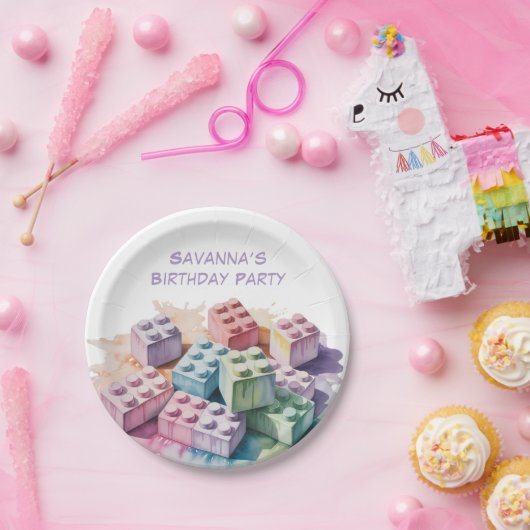 パステル建物ブロックスプラッシュガールバースデーパーティー ペーパープレート (パーティー)