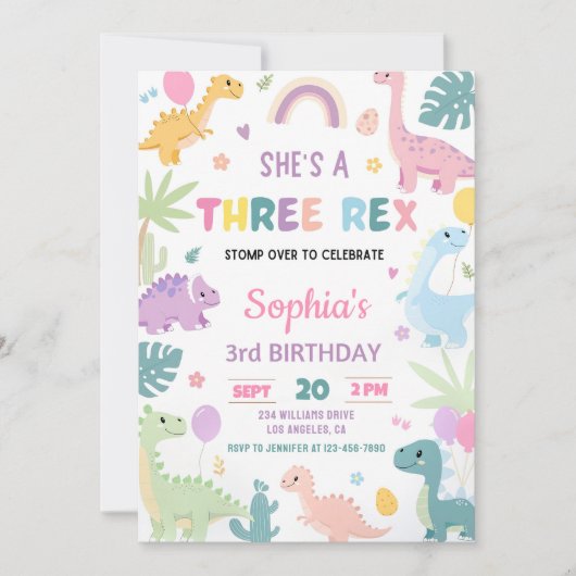 パステル恐竜誕生日ディノガールスリーティーレックスパーティー 招待状 (正面)