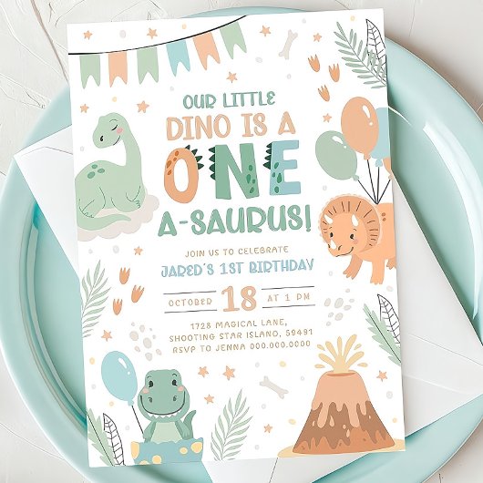 パステル恐竜誕生日招待状。ワンカワイイベビー 招待状