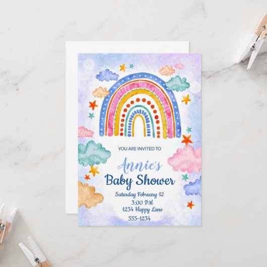 パステル手描き虹 招待状 (正面/裏面インサイチュ)