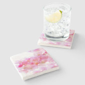 パステル日本のピンクの花が咲くさくらんぼツリー ストーンコースター (横)