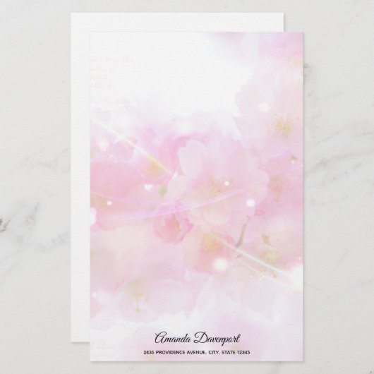 パステル日本のピンクの花が咲くさくらんぼツリー 便箋 (正面/裏面)