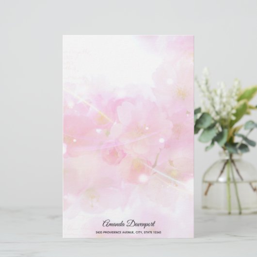 パステル日本のピンクの花が咲くさくらんぼツリー 便箋 (スタンド正面)