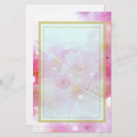 パステル日本のピンクの花が咲くさくらんぼツリー 便箋 (正面/裏面)