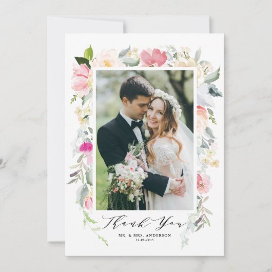 パステル春の花フレーム結婚フォト サンキューカード (正面)