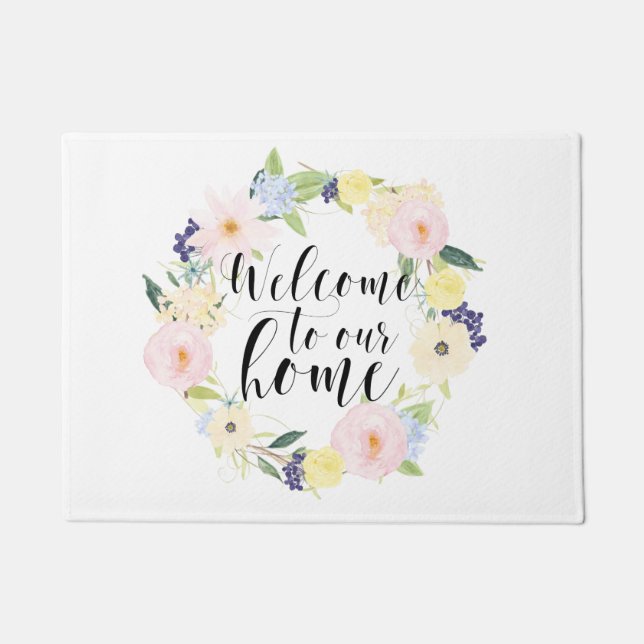 パステル春フローラリースウェルカムトゥーザウアホーム ドアマット (正面)