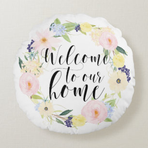 パステル春フローラリースウェルカムトゥーザウアホーム ラウンドクッション