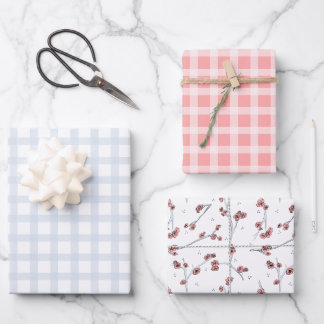 パステル春ブルーとピンクのタータンチェックと桜 ラッピングペーパーシート
