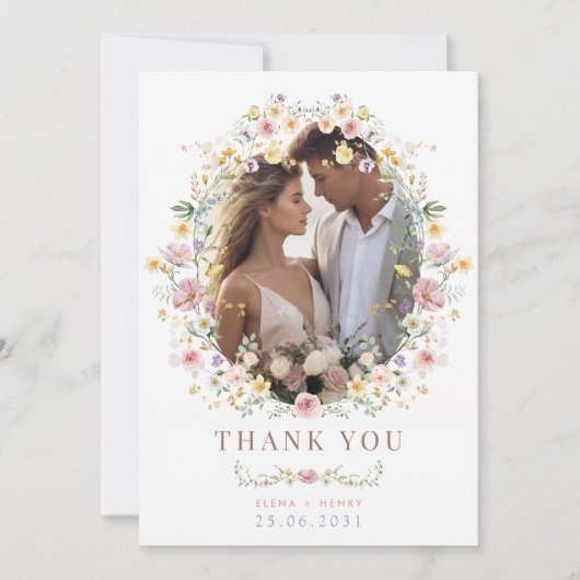 パステル春ワイルドフラワー庭園の結婚式写真 サンキューカード (正面)