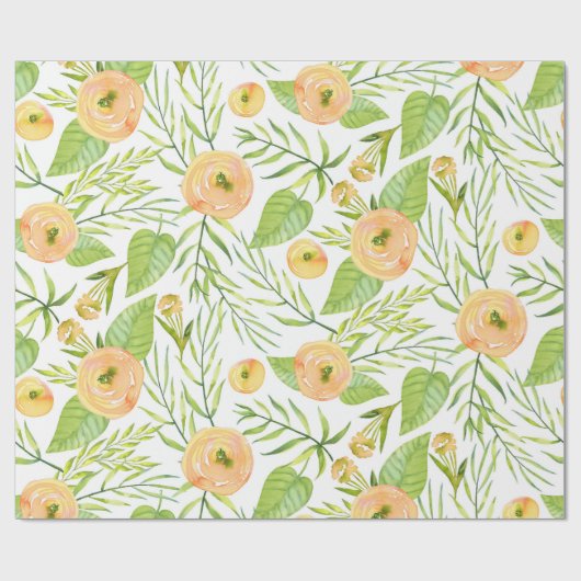 パステル桃の牡丹の緑豊かな花模様 ラッピングペーパー (フラット)