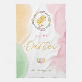 パステル水彩のしぶきとひよこ ハッピーイースター キッチンタオル